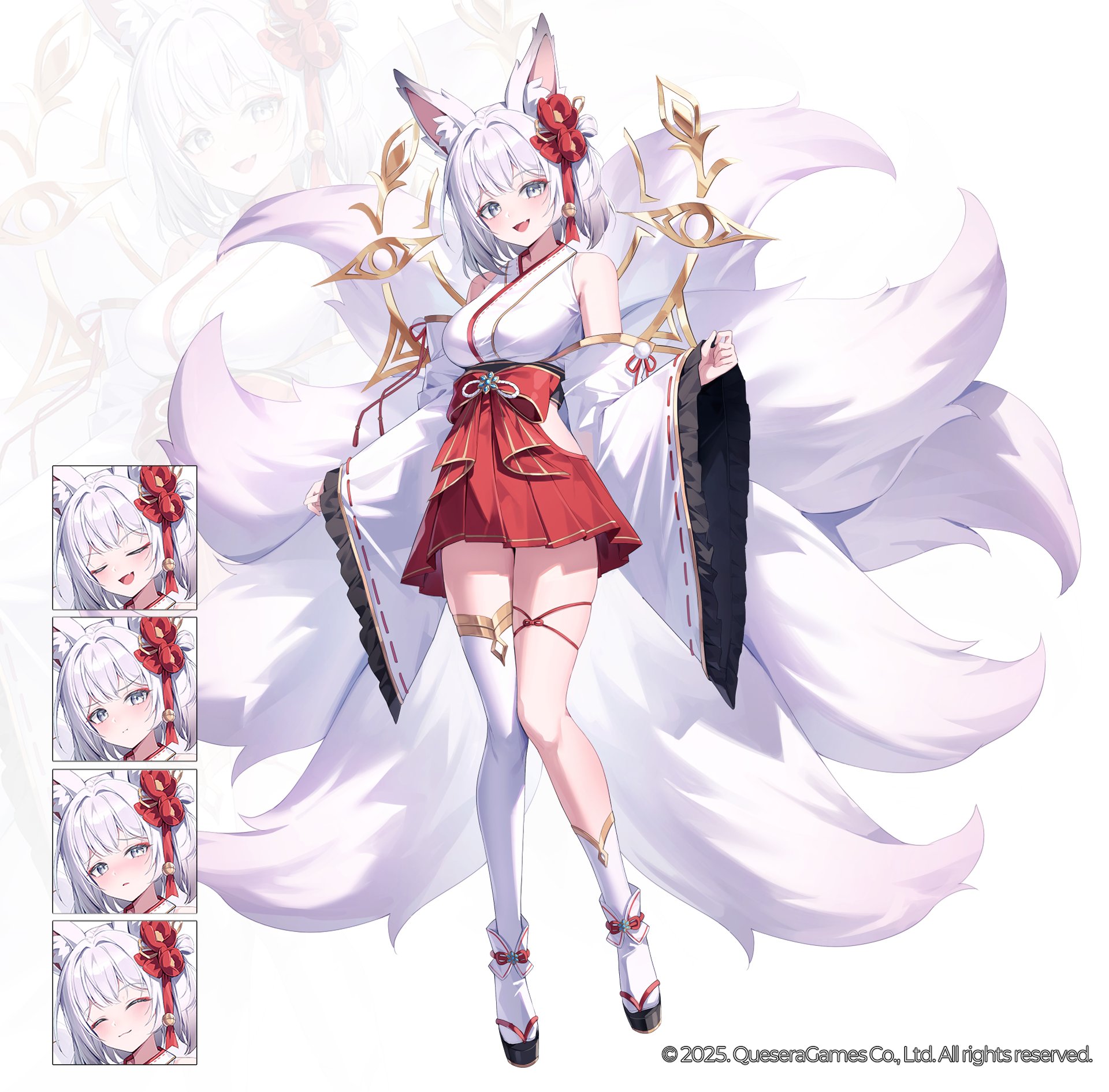 ugwa, highres, official art, 1girl, animal ears, asymmetrical legwear, bare shoulders, breasts, clothing cutout, detached sleeves, embarrassed, flower, fox ears, fox girl, fox tail, full body, gold trim, grey eyes, hair flower, hair ornament, hakama, hakama skirt, hip vent, japanese clothes, kalpa: cosmic symphony, kitsune, kyuubi, large breasts, looking at viewer, miko, multiple expressions, multiple tails, open mouth, platform sandals, pleated skirt, pout, red skirt, sandals, shirt, short hair, single sock, single thighhigh, skirt, sleeveless, sleeveless shirt, smile, socks, solo, tail, thighhighs, white hair, white shirt, white thighhighs, wide sleeves, zouri