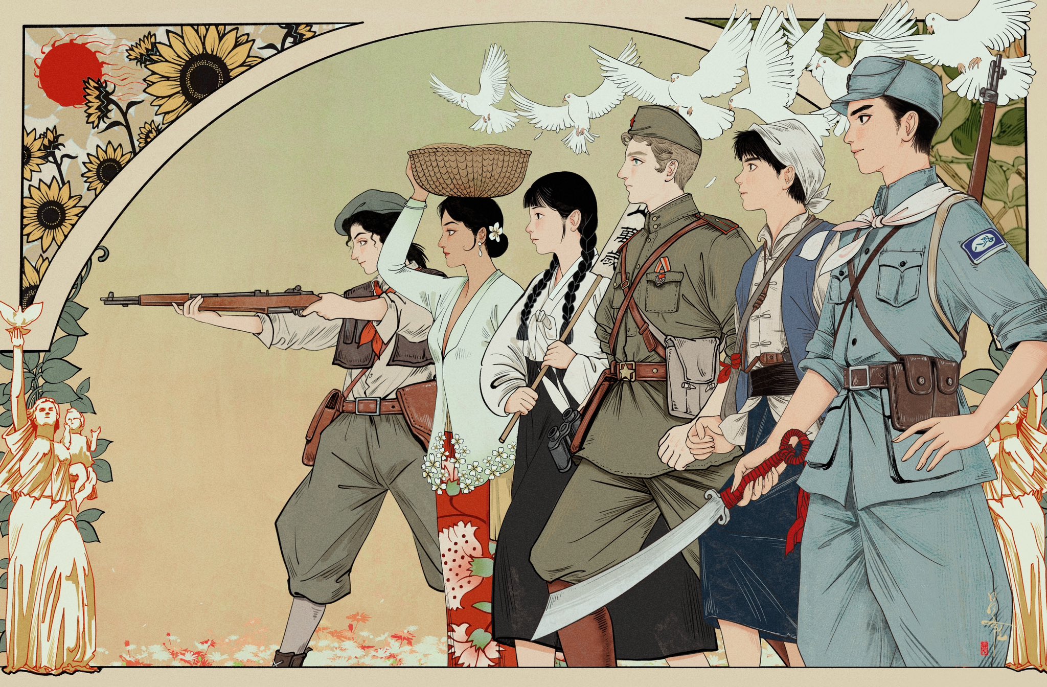ludanling, original, commentary, english commentary, highres, 3boys, 3girls, ammunition pouch, bandana, basket, basket on head, beret, binoculars, bird, black hair, blue vest, breeches, brown hair, brown pants, brown vest, dadao sword, dark skin, earrings, feet out of frame, floral print, flower, garrison cap, green jacket, grey jacket, grey pants, guerrilla, gun, hair flower, hair ornament, hand on own hip, hat, holding, holding basket, holding gun, holding sword, holding weapon, jacket, jewelry, korean clothes, long hair, m1 garand, medal, military uniform, multiple boys, multiple girls, national revolutionary army, neckerchief, pants, pants tucked in, pigeon, pouch, red neckerchief, red skirt, red sun, rifle, second sino-japanese war, serious, shirt, short hair, skirt, soldier, soviet army, star (symbol), sunflower, sword, twintails, vest, weapon, white bandana, white neckerchief, white shirt