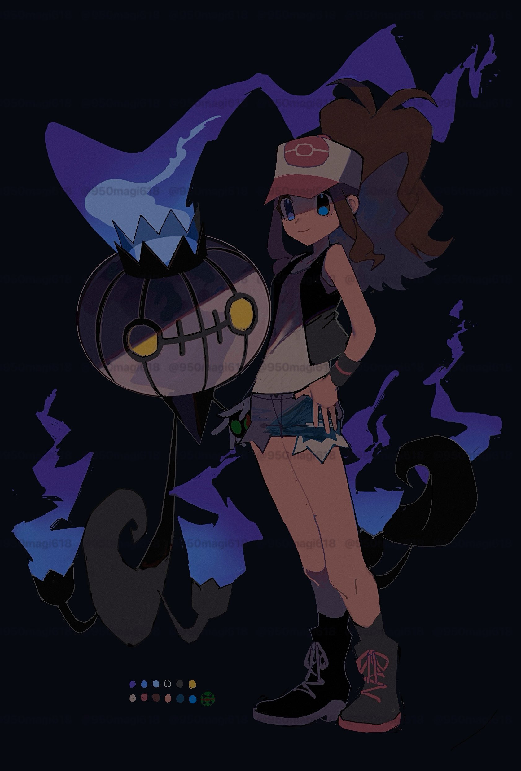 950magi618, chandelure, hilda (pokemon), nintendo, pokemon, pokemon bw, absurdres, highres, 1girl, baseball cap, black background, black shoes, black vest, blue eyes, blue fire, brown hair, chandelier, denim, denim shorts, exposed pocket, fire, full body, gen 5 pokemon, ghost, hat, high ponytail, long hair, looking at viewer, open clothes, open vest, poke ball print, pokemon (creature), ponytail, purple fire, shirt, shoes, short shorts, shorts, simple background, standing, vest, white shirt, wristband, yellow eyes