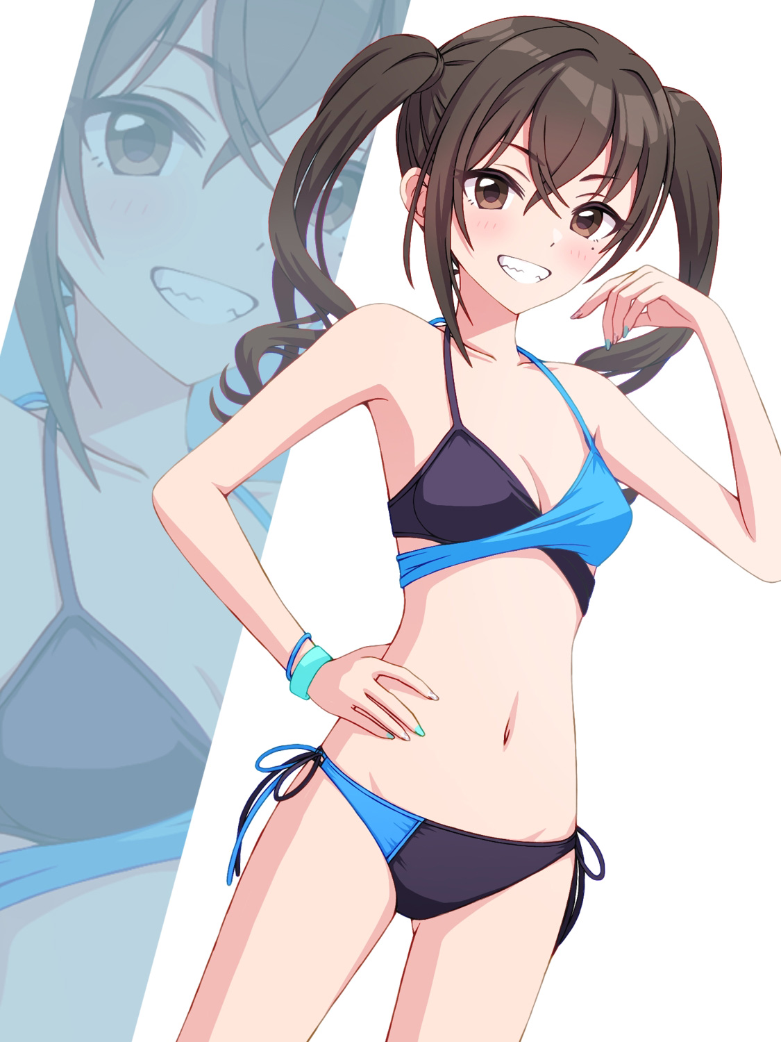 haua, sunazuka akira, idolmaster, idolmaster cinderella girls, highres, 1girl, bare arms, bare legs, bikini, black bikini, blue bikini, blue nails, blush, breasts, brown eyes, brown hair, cleavage, collarbone, cowboy shot, crossed bangs, grin, groin, hair between eyes, halterneck, hand on own hip, long hair, multicolored bikini, nail polish, navel, side-tie bikini bottom, small breasts, smile, solo, standing, swimsuit, twintails, two-tone bikini