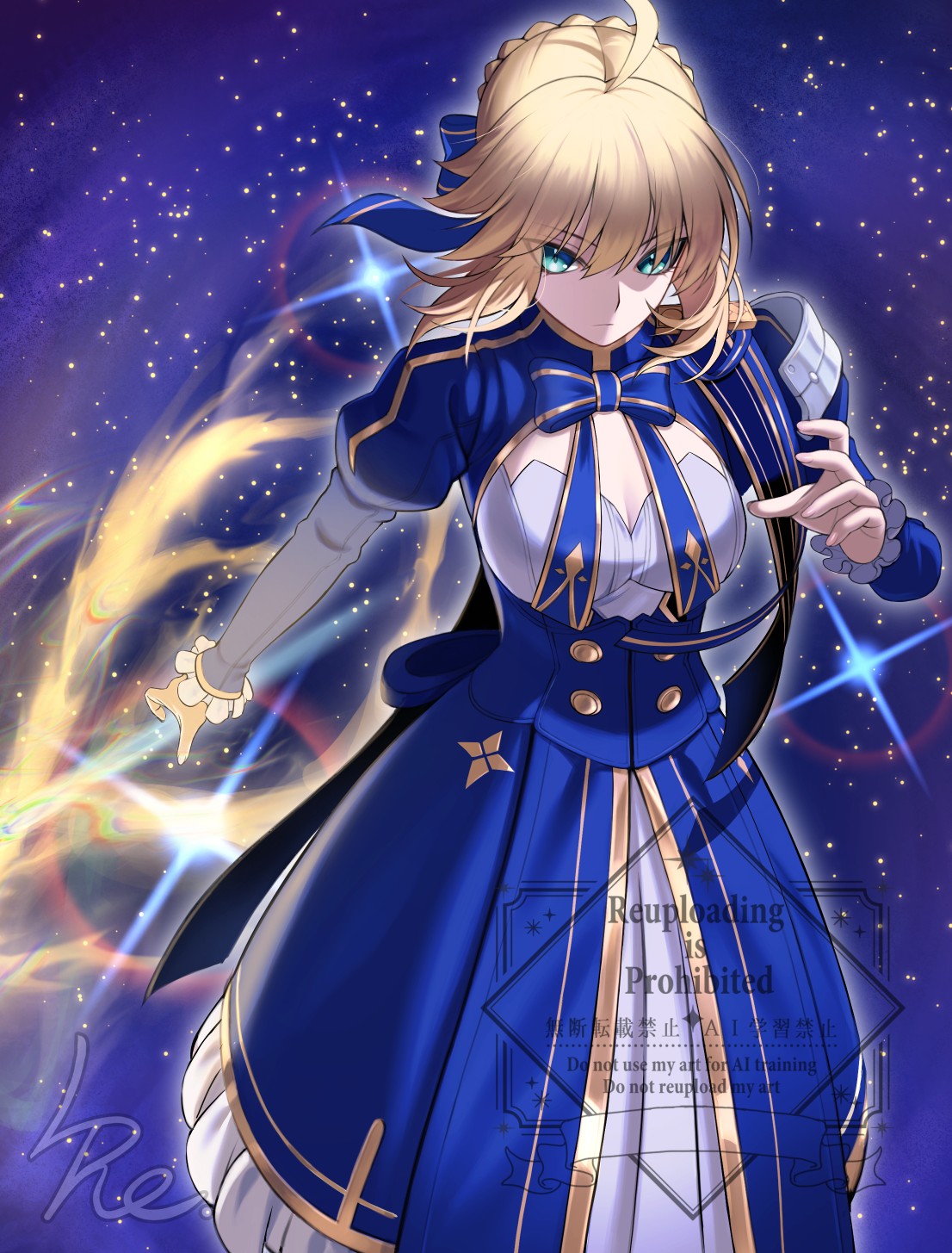 l4st resort, artoria pendragon (fate), saber (fate), saber (honkai: star rail) (fate), fate/stay night, fate (series), honkai: star rail, honkai (series), highres, 1girl, ahoge, aqua eyes, blonde hair, blue bow, blue bowtie, blue skirt, bow, bowtie, braid, breasts, cleavage, closed mouth, frilled sleeves, frills, frown, grey skirt, hair between eyes, hair bow, layered skirt, long skirt, long sleeves, medium breasts, pleated skirt, short hair with long locks, shrug (clothing), sidelocks, skirt, solo, standing, underbust, watermark