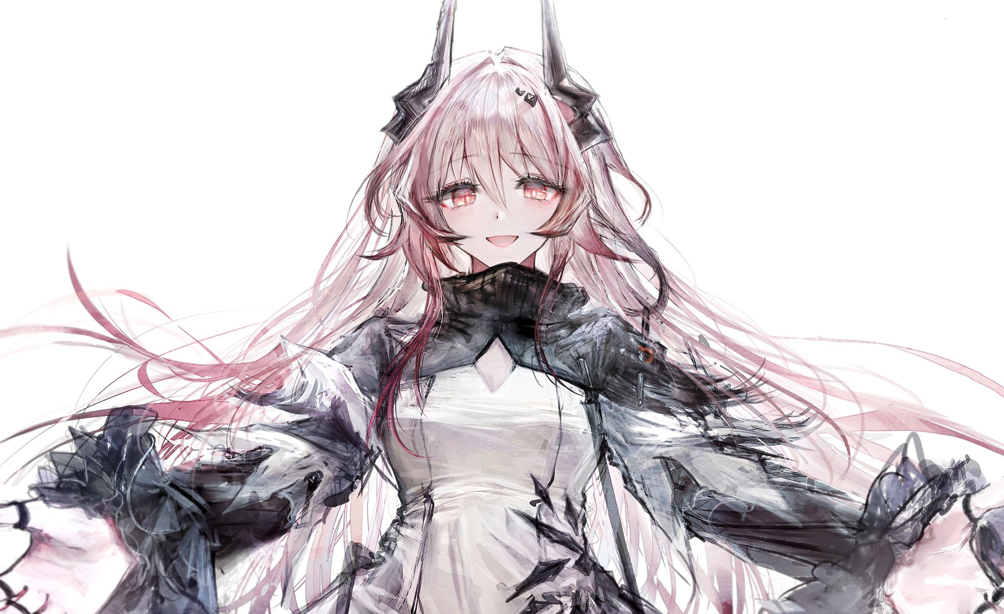 theresa (arknights), arknights, commentary request, highres, 1girl, :d, black dress, black horns, breasts, bright pupils, cleavage, cleavage cutout, clothing cutout, dress, hair between eyes, horns, jewelry, long hair, long sleeves, magunamo oyama, multiple rings, open mouth, pink hair, reaching, reaching towards viewer, red eyes, ring, simple background, small breasts, smile, solo, turtleneck, turtleneck dress, upper body, white background, white dress, white pupils