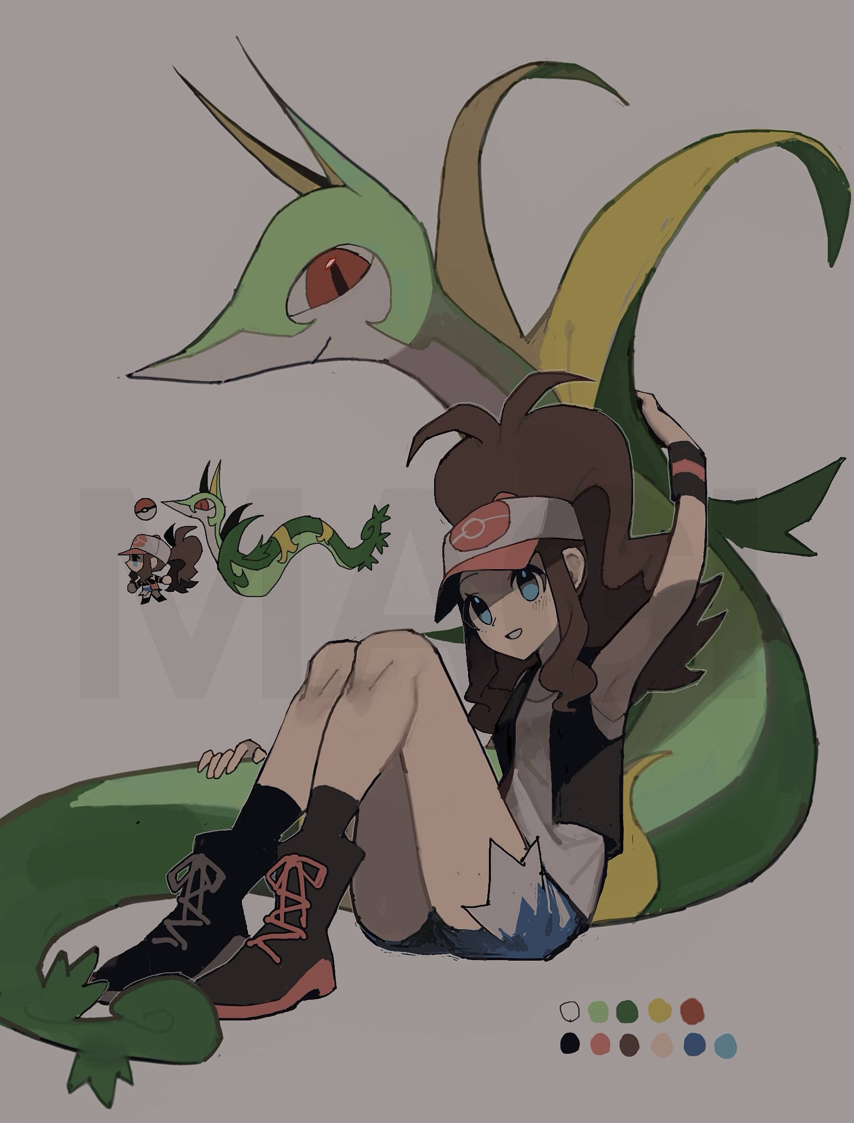 950magi618, hilda (pokemon), serperior, nintendo, pokemon, pokemon bw, highres, 1girl, baseball cap, black shoes, black vest, blue eyes, brown hair, chibi, chibi inset, denim, denim shorts, exposed pocket, full body, gen 5 pokemon, grey eyes, hat, high ponytail, long hair, looking at another, open clothes, open vest, poke ball print, pokemon (creature), ponytail, red eyes, shirt, shoes, short shorts, shorts, simple background, sitting, snake, vest, white shirt, wristband