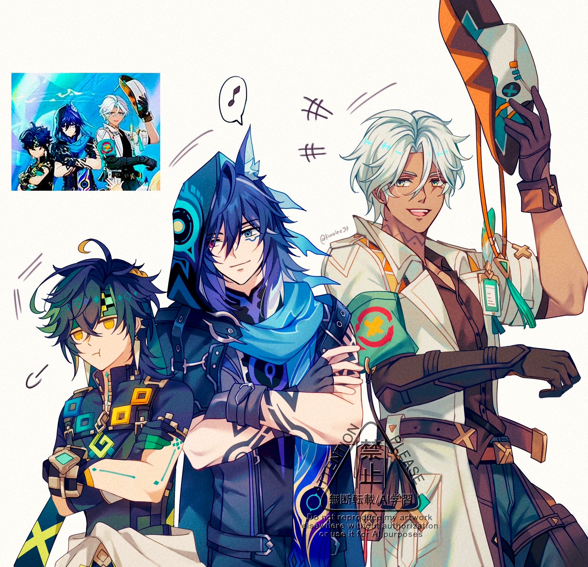 kuro lee, ifa (genshin impact), kinich (genshin impact), ororon (genshin impact), genshin impact, commentary, english commentary, highres, +++, 3boys, :d, :t, animal ear fluff, animal ears, antenna hair, aqua armband, aqua eyes, arm tattoo, armband, artist name, bat ears, belt, belt pouch, black gloves, black hair, black jacket, black shirt, blonde hair, blue eyes, blue pants, blue scarf, body markings, bracelet, brown belt, brown gloves, closed mouth, coat, collared coat, collared shirt, cowboy hat, cropped jacket, crossed arms, crossed bangs, ear piercing, earrings, facial mark, feathers, fingerless gloves, game screenshot inset, gloves, green hair, green headband, hair between eyes, hand up, happy, hat, headband, heterochromia, holding, holding unworn clothes, holding unworn hat, hood, hood up, hooded jacket, id card, jacket, jewelry, lab coat, lapels, looking at viewer, male focus, medium hair, multicolored hair, multiple boys, musical note, open clothes, open coat, open mouth, pants, parted bangs, piercing, pouch, purple eyes, purple hair, purple shirt, reference inset, scarf, shirt, short hair, short sleeves, shoulder tattoo, simple background, sleeveless, sleeveless shirt, smile, speech bubble, spiked ear piercing, spoken musical note, streaked hair, tassel, tattoo, teeth, twitter username, unworn hat, unworn headwear, upper teeth only, watermark, white background, white coat, white hair, white hat, yellow eyes, zipper, zipper pull tab