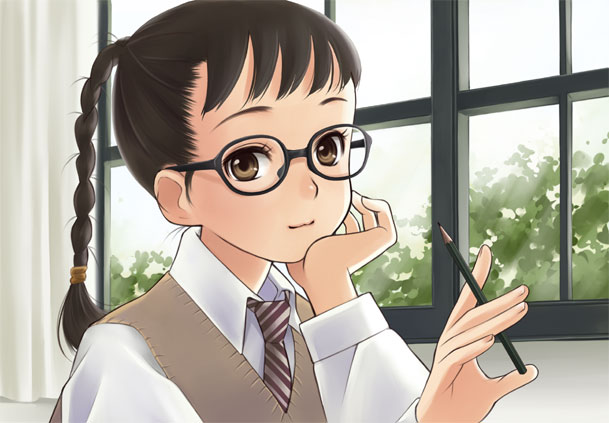 luna2, original, braid, brown eyes, brown hair, diagonal-striped clothes, diagonal-striped necktie, glasses, necktie, pencil, school uniform, solo, striped clothes, sweater vest, two-tone necktie, vest, wooden pencil