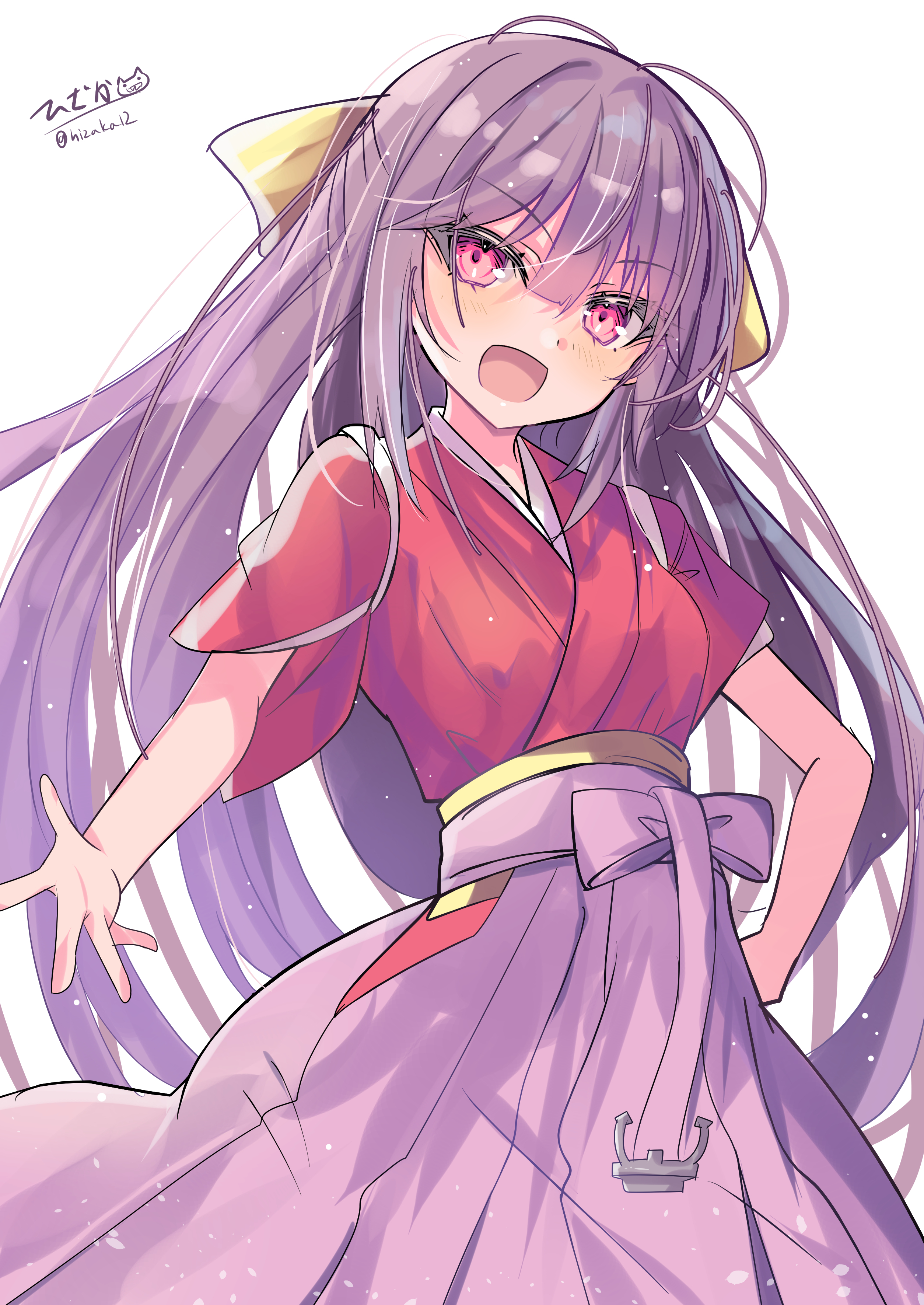 hizaka, kamikaze (kancolle), kantai collection, absurdres, highres, 1girl, blush, bow, breasts, cowboy shot, hair bow, hair ribbon, hakama, hakama skirt, japanese clothes, kimono, long hair, looking at viewer, meiji schoolgirl uniform, one-hour drawing challenge, open mouth, pink hakama, purple hair, red eyes, red kimono, ribbon, signature, skirt, small breasts, smile, solo, twitter username, white background, yellow bow, yellow ribbon