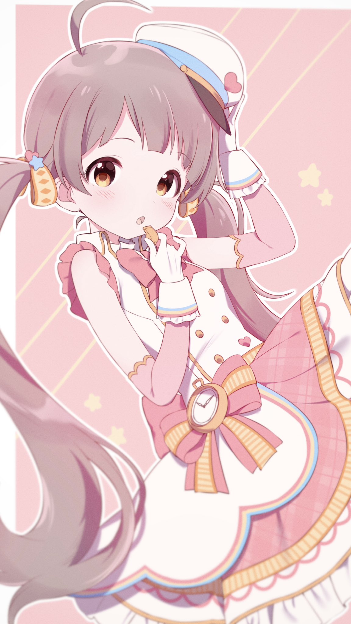 norada, hakozaki serika, idolmaster, idolmaster million live!, highres, 1girl, :o, ahoge, border, bow, bowtie, breasts, brown eyes, brown hair, collared dress, dress, elbow gloves, gloves, hair ornament, hair ribbon, hat, heart, heart hair ornament, holding, holding whistle, long hair, looking at viewer, low twintails, mini hat, open mouth, outline, peaked cap, pink background, pink bow, pink bowtie, pink gloves, ribbon, small breasts, solo, star (symbol), star hair ornament, tilted headwear, twintails, two-tone gloves, very long hair, whistle, white border, white dress, white gloves, white hat, white outline, white wrist cuffs, wrist cuffs, yellow ribbon