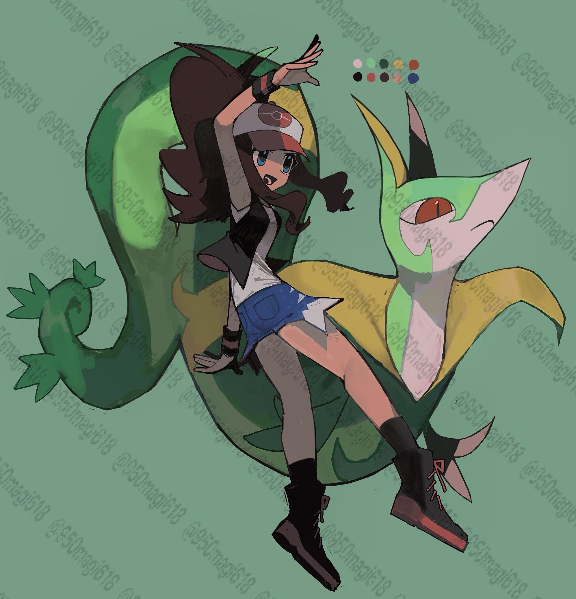950magi618, hilda (pokemon), serperior, nintendo, pokemon, pokemon bw, highres, 1girl, baseball cap, black shoes, black vest, blue eyes, brown hair, denim, denim shorts, exposed pocket, full body, gen 5 pokemon, green background, hat, high ponytail, long hair, looking at another, open clothes, open mouth, open vest, poke ball print, pokemon (creature), ponytail, red eyes, shirt, shoes, short shorts, shorts, simple background, snake, standing, vest, white shirt, wristband