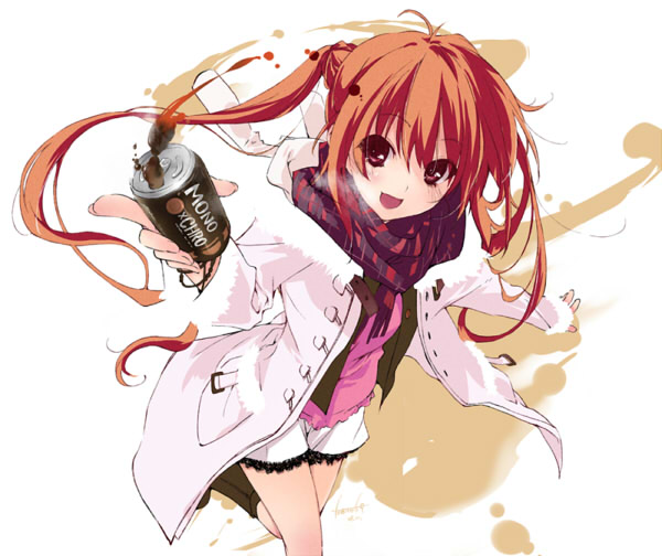 kokonoka, original, 1girl, can, coat, coffee, drink, female focus, long hair, scarf, solo, twintails