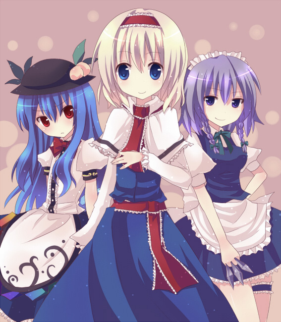yukishiro mafuyu, alice margatroid, hinanawi tenshi, izayoi sakuya, touhou, 3girls, between fingers, blonde hair, blue eyes, blue hair, braid, female focus, hat, holding, knife, maid, multiple girls, purple eyes, purple hair, red eyes, skirt, throwing knife, twin braids, weapon