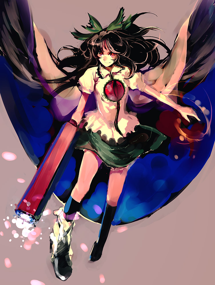 nokishita, reiuji utsuho, touhou, 1girl, black hair, female focus, full body, red eyes, ribbon, skirt, solo, wings