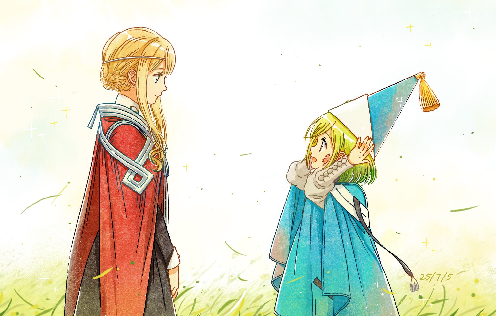 yongji (moli1023), coco (tongari boushi no atelier), luluci (tongari boushi no atelier), tongari boushi no atelier, highres, 2girls, age difference, blonde hair, blue eyes, brown eyes, cloak, green hair, hat, height difference, knights moralis uniform, long hair, multiple girls, open mouth, qifrey's atelier apprentice uniform, red cloak, short hair, tassel