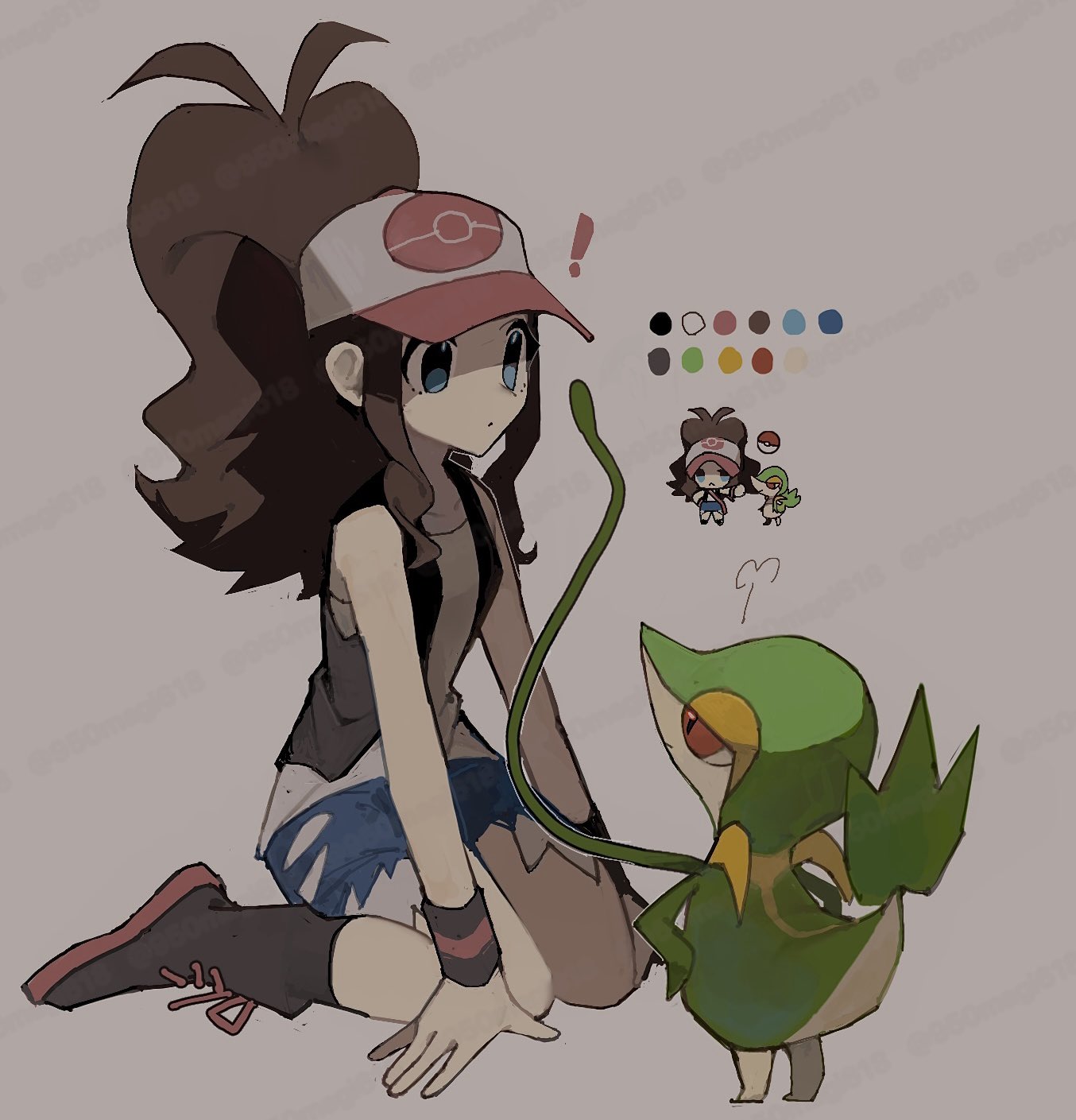 950magi618, hilda (pokemon), snivy, nintendo, pokemon, pokemon bw, highres, !, 1girl, baseball cap, black shoes, black vest, blue eyes, brown hair, chibi, chibi inset, denim, denim shorts, exposed pocket, full body, gen 5 pokemon, grey background, hat, high ponytail, long hair, looking at another, open clothes, open vest, poke ball print, pokemon (creature), ponytail, red eyes, shirt, shoes, short shorts, shorts, simple background, sitting, snake, vest, wariza, white shirt, wristband