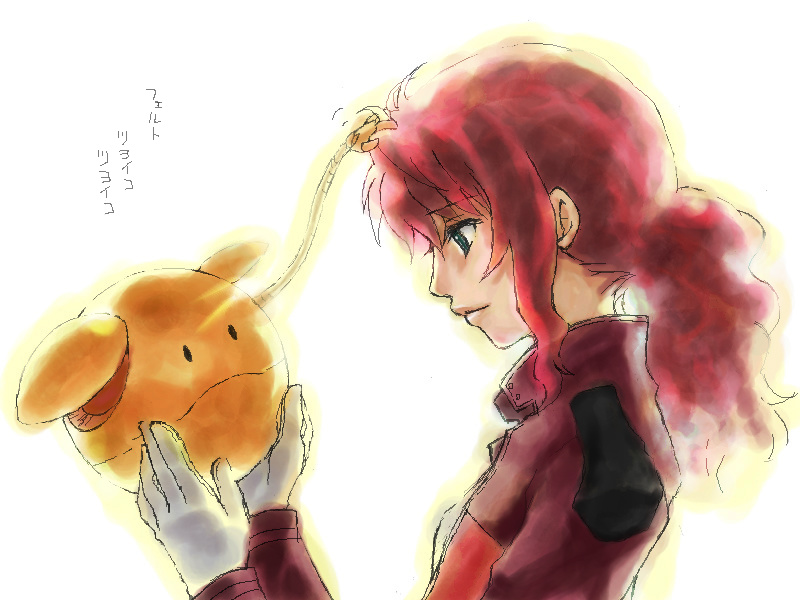 cochi, feldt grace, haro, gundam, gundam 00, 00s, gloves, headpat, holding, pink hair, ponytail, smile, solo