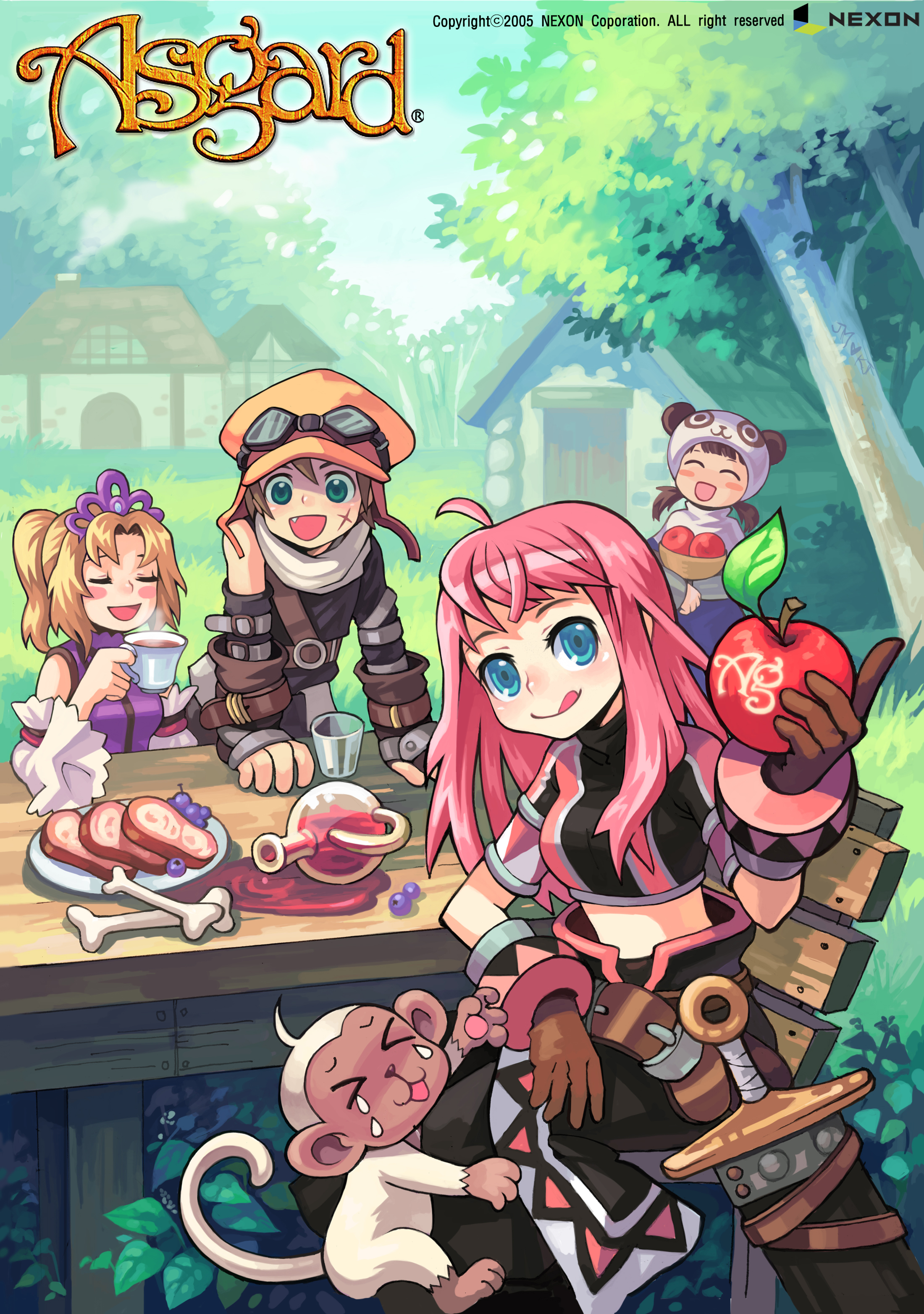 bf. (sogogiching), asgard, nexon, absurdres, character request, highres, official art, photoshop (medium), second-party source, > <, 1boy, 2005, 3girls, :q, alcohol, animal ears, animal on leg, apple, aqua eyes, arm belt, arm cuffs, armrest, baggy pants, belt, belt buckle, black pants, black shirt, black sleeves, blue dress, blue sky, blue sleeves, bone, breasts, brown belt, brown gloves, brown hair, buckle, chair, cleric (asgard), cloud, company name, copyright name, crop top, cup, dated, day, detached sleeves, door, dress, facial scar, fake animal ears, fang, fantasy, food, fruit, gloves, goggles, goggles on headwear, grapes, grass, green eyes, guimpe, hair intakes, hat, holding, holding food, holding fruit, impasto, leaf, long hair, looking at viewer, low twintails, meat, medium breasts, midriff, monkey, multiple belts, multiple girls, o-ring, o-ring belt, open mouth, outdoors, panda ears, panda hat, pants, pink hair, pink sleeves, pink wrist cuffs, ponytail, purple shirt, purple tiara, red wings, scar, scar on cheek, scar on face, scarf, sheath, sheathed, shirt, short twintails, shoulder belt, sitting, sky, sleeveless, sleeveless shirt, straight hair, sword, table, tears, tiara, tongue, tongue out, tree, turtleneck, twintails, warrior (asgard), weapon, white fur, white hat, white scarf, white sleeves, wide sleeves, wine, wings, wooden chair, wooden table, wrist cuffs