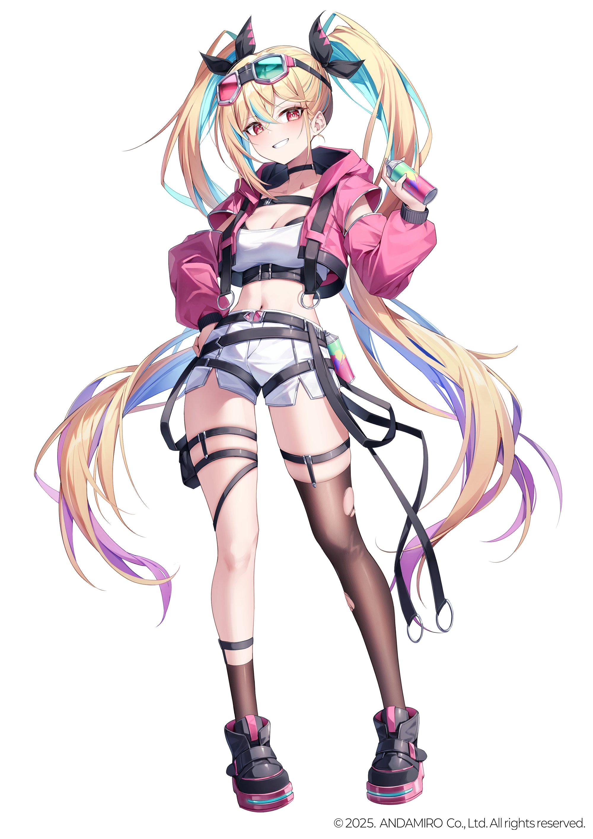 ugwa, pump it up, absurdres, character request, highres, official art, 1girl, aqua hair, asymmetrical legwear, belt, black choker, black shoes, blonde hair, breasts, brown socks, brown thighhighs, choker, cleavage, crop top, cropped jacket, full body, goggles, goggles on head, grin, hair ribbon, hand on own hip, holding, holding spray can, hood, hood down, hooded jacket, jacket, large breasts, long hair, long sleeves, looking at viewer, midriff, multicolored hair, navel, open clothes, open jacket, pink jacket, red eyes, ribbon, shirt, shoes, short shorts, shorts, simple background, single sock, single thighhigh, smile, socks, solo, spray can, standing, stomach, streaked hair, thigh strap, thighhighs, thighs, torn clothes, torn thighhighs, two-tone hair, very long hair, white background, white shirt, white shorts