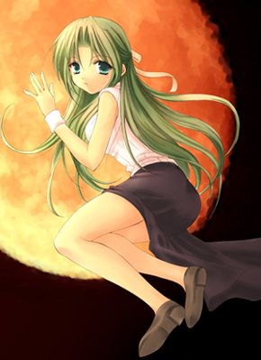 houjou yutori, sonozaki shion, higurashi no naku koro ni, lowres, non-web source, 00s, 1girl, blue eyes, female focus, green hair, half updo, long hair, moon, skirt, solo, wristband
