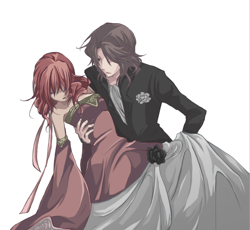pii (kamosareta), feldt grace, lockon stratos, gundam, gundam 00, 00s, bare shoulders, brown hair, detached sleeves, dress, holding, pink hair, tuxedo