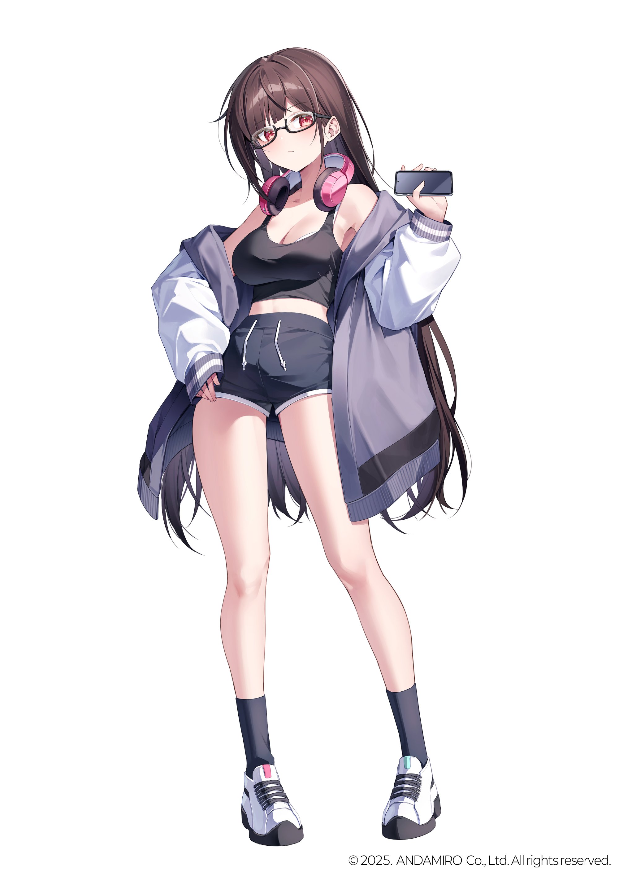 ugwa, pump it up, absurdres, character request, highres, official art, 1girl, armpits, bare shoulders, black-framed eyewear, black shirt, black shorts, black socks, bra, bra peek, breasts, brown hair, cellphone, cleavage, closed mouth, crop top, drawstring, expressionless, glasses, grey jacket, hand on own hip, hand up, headphones, headphones around neck, high-waist shorts, holding, holding phone, jacket, large breasts, long hair, long sleeves, looking at viewer, midriff, off shoulder, open clothes, open jacket, phone, red eyes, semi-rimless eyewear, shirt, shoes, short shorts, shorts, simple background, sleeveless, sleeveless shirt, smartphone, sneakers, socks, solo, thighs, under-rim eyewear, underwear, very long hair, white background, white bra, white shoes