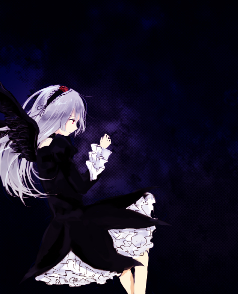 yoshioka mitsuko, suigintou, rozen maiden, silver hair, 00s, 1girl, black dress, black wings, blush, closed eyes, dark, dress, female focus, frilled sleeves, frills, from side, long sleeves, profile, solo, standing, wings