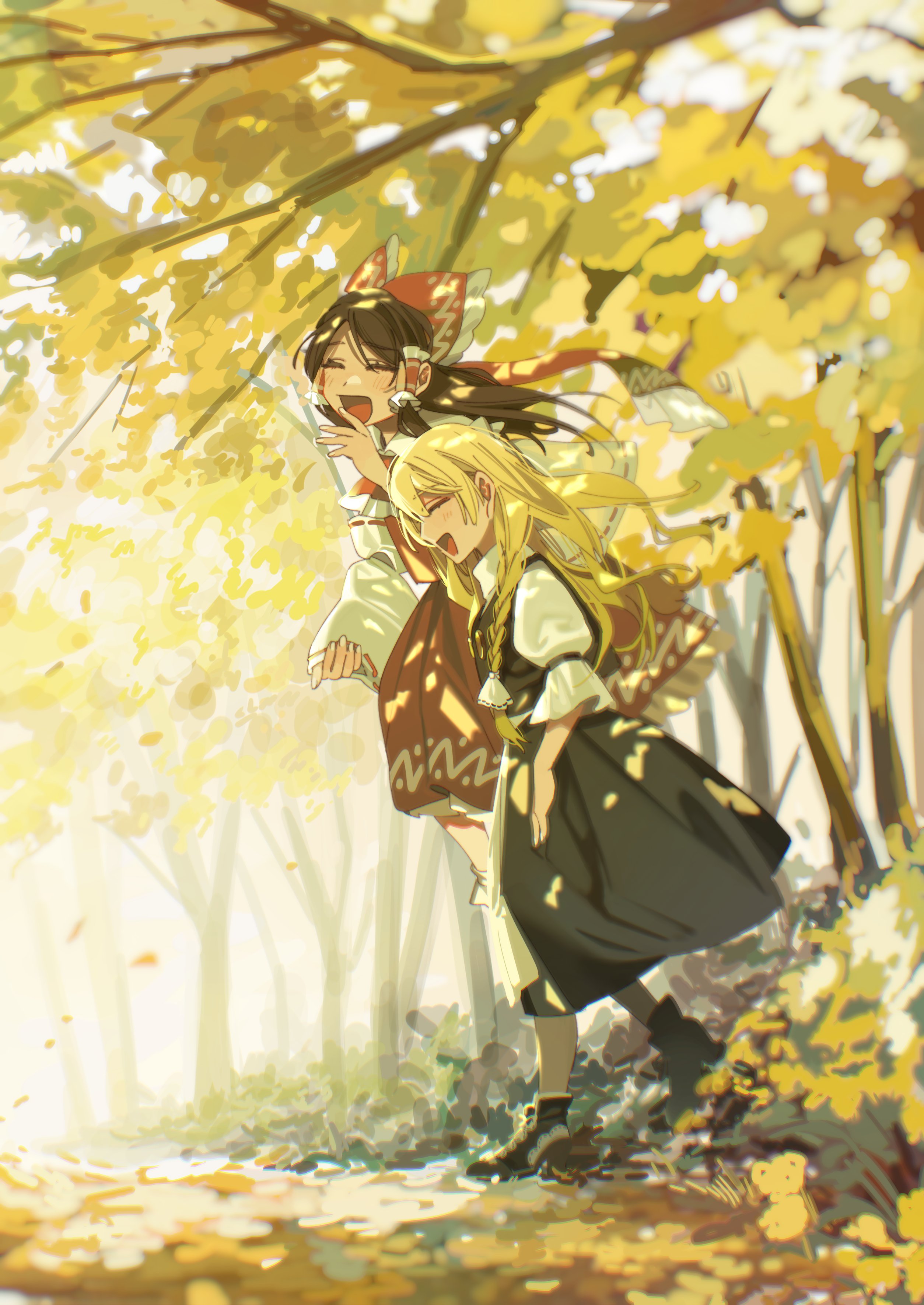 shi chimi, hakurei reimu, kirisame marisa, touhou, absurdres, commentary request, highres, 2girls, apron, black skirt, black vest, blonde hair, bow, braid, brown hair, closed eyes, detached sleeves, frilled bow, frilled hair tubes, frilled skirt, frills, hair bow, hair tubes, long hair, multiple girls, no headwear, open mouth, outdoors, red bow, red skirt, ribbon-trimmed sleeves, ribbon trim, side braid, single braid, skirt, skirt set, smile, vest, waist apron, white bow
