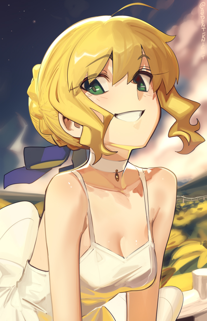 boa (brianoa), artoria pendragon (fate), saber (fate), fate/stay night, fate (series), 1girl, ahoge, bare shoulders, blonde hair, blue ribbon, braid, breasts, choker, dress, green eyes, grin, hair bun, hair ribbon, long hair, looking at viewer, medium breasts, ribbon, sidelocks, smile, solo, white dress