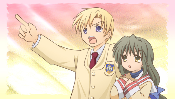 sakurai arino, ibuki fuuko, sunohara youhei, clannad, 00s, blonde hair, blue eyes, brown eyes, brown hair, long hair, school uniform, short hair, starfish