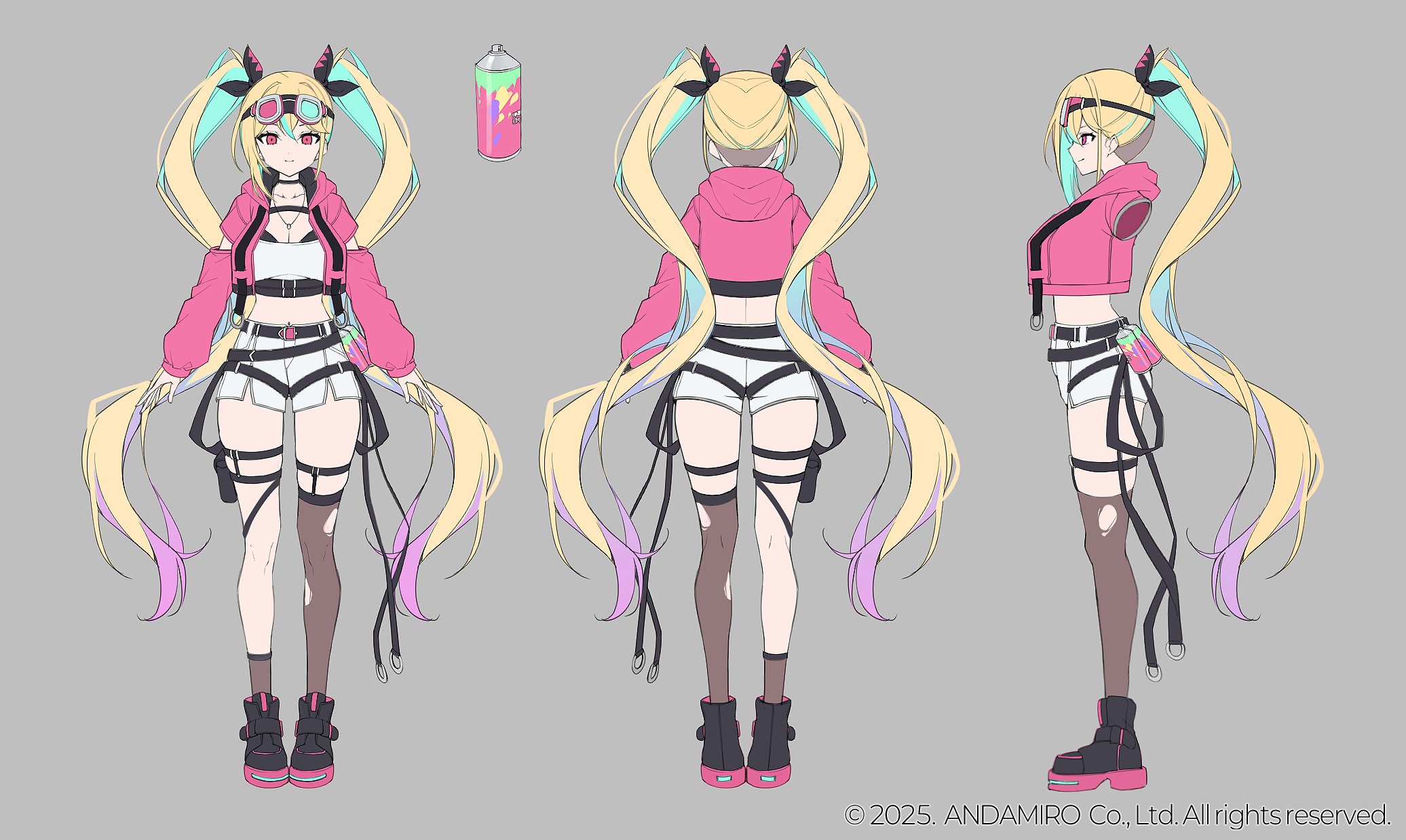 ugwa, pump it up, character request, highres, official art, 1girl, aqua hair, asymmetrical legwear, belt, black choker, black shoes, blonde hair, breasts, brown socks, brown thighhighs, choker, cleavage, crop top, cropped jacket, full body, goggles, goggles on head, grey background, hood, hooded jacket, jacket, jewelry, long hair, looking at viewer, midriff, multicolored hair, multiple views, navel, necklace, open clothes, open jacket, pink jacket, red eyes, reference sheet, shirt, shoes, short shorts, shorts, single sock, single thighhigh, smile, socks, streaked hair, tachi-e, thigh strap, thighhighs, torn clothes, torn thighhighs, twintails, very long hair, white shirt, white shorts