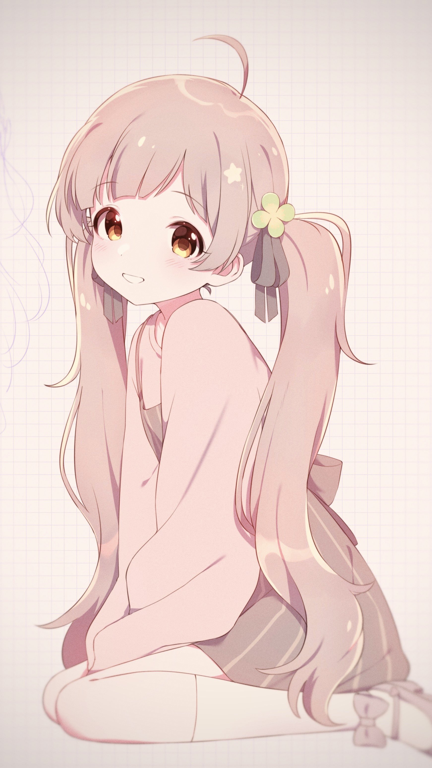 norada, hakozaki serika, idolmaster, idolmaster million live!, absurdres, highres, 1girl, ahoge, between legs, black ribbon, black skirt, bow, brown hair, footwear bow, full body, grid background, grin, hair ribbon, hand between legs, kneehighs, long hair, long sleeves, looking at viewer, pink bow, pink shoes, pink sweater, ribbon, shoes, sitting, skirt, smile, socks, solo, sweater, twintails, very long hair, white socks, yellow eyes