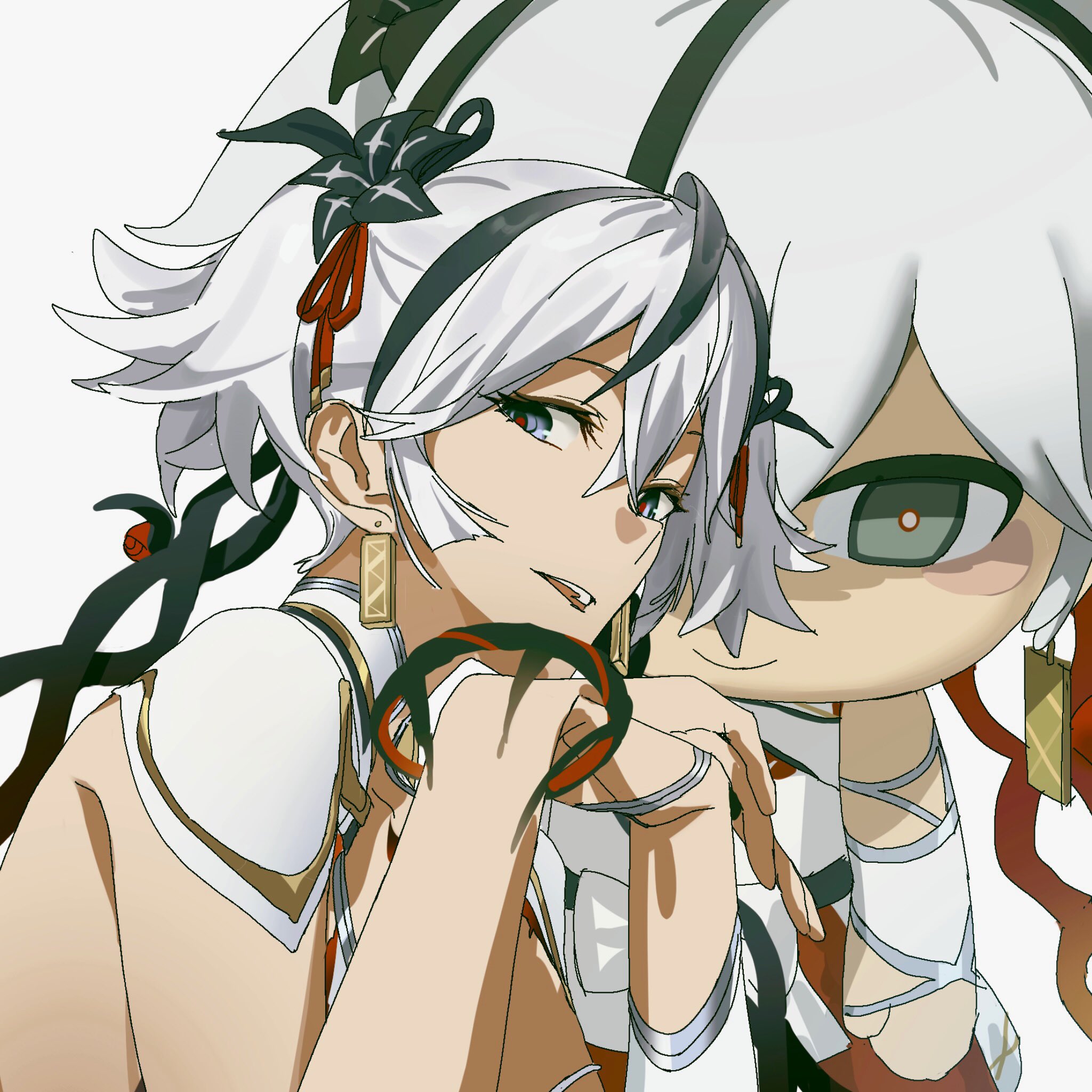 nakmini, camellya (wuthering waves), wuthering waves, commentary, hashtag-only commentary, highres, 2girls, black eyes, black flower, blake bloom (wuthering waves), camellya mascot (meme), collar, dual persona, earrings, flower, gold earrings, hair flower, hair ornament, hair ribbon, hair vines, jewelry, looking at viewer, meme, multiple girls, red pupils, red ribbon, ribbon, smile, white collar, white hair