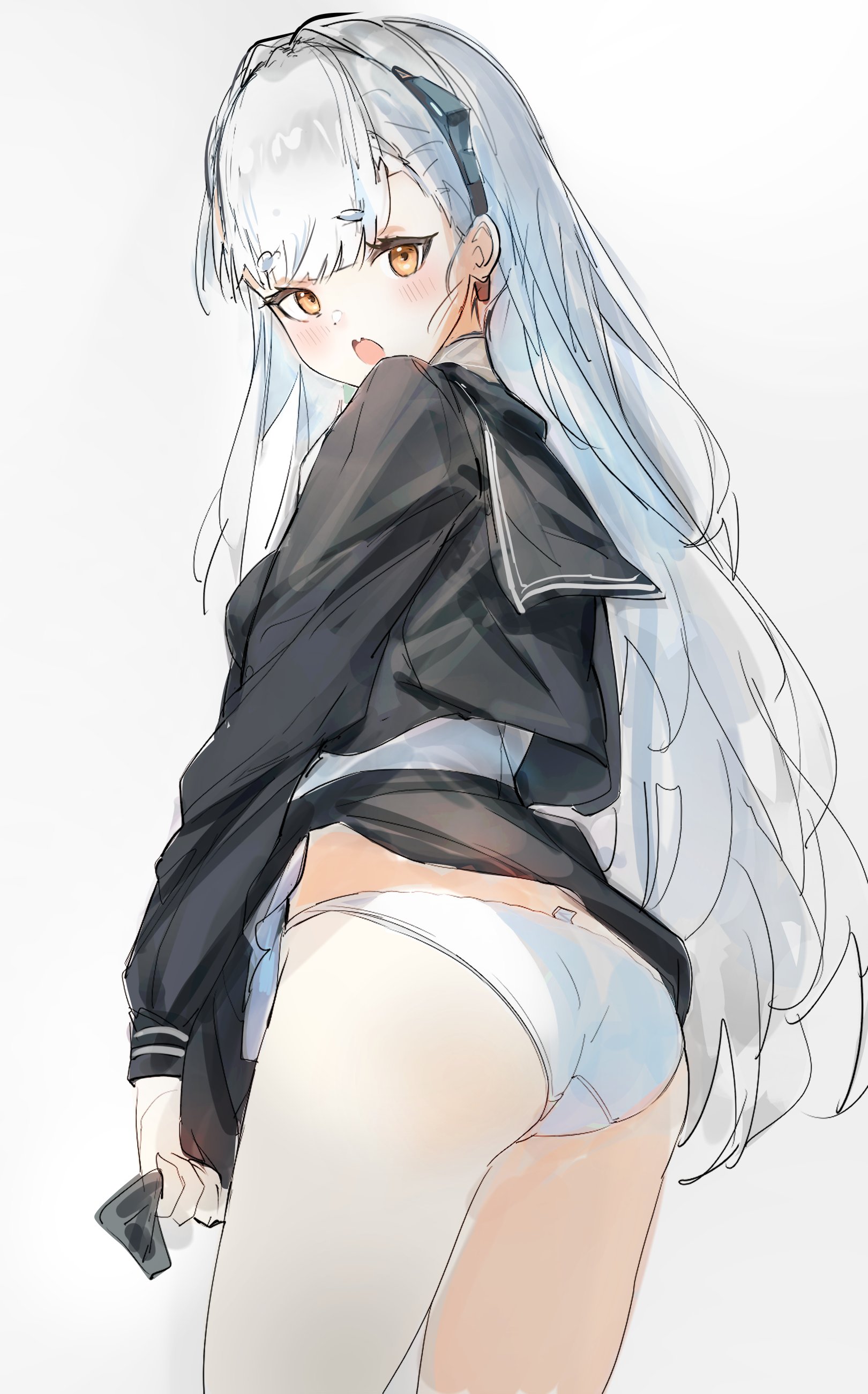 janyhero, ak-alfa (girls' frontline), tololo (girls' frontline 2), girls' frontline, girls' frontline 2: exilium, absurdres, commentary, highres, 1girl, ass, grey hair, long hair, long sleeves, looking at viewer, panties, sailor collar, school uniform, serafuku, shirt, solo, tololo (horizon cruise) (girls' frontline 2), underwear, white hair, white panties, yellow eyes