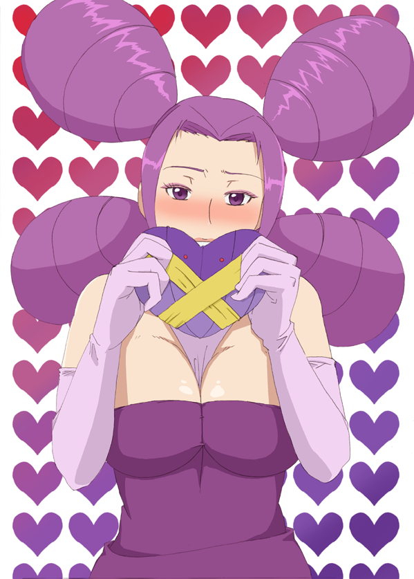 jaga note, fantina (pokemon), nintendo, pokemon, bad id, bad pixiv id, 1girl, blush, breasts, cleavage, dress, elbow gloves, eyeshadow, female focus, gift, gloves, gym leader, heart, holding, holding gift, large breasts, makeup, purple eyes, purple hair, quad tails, solo