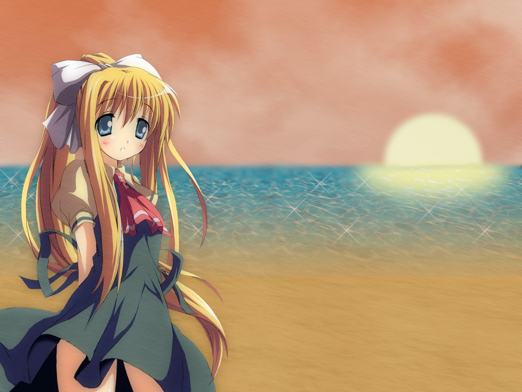 kantoku, kamio misuzu, air (visual novel), 00s, 1girl, arms behind back, ascot, beach, blonde hair, blue eyes, blush, bow, cowboy shot, dress, female focus, green dress, hair bow, horizon, long hair, ocean, outdoors, ponytail, puffy short sleeves, puffy sleeves, reflection, school uniform, short sleeves, sidelocks, sky, solo, standing, sunlight, sunset, very long hair, water