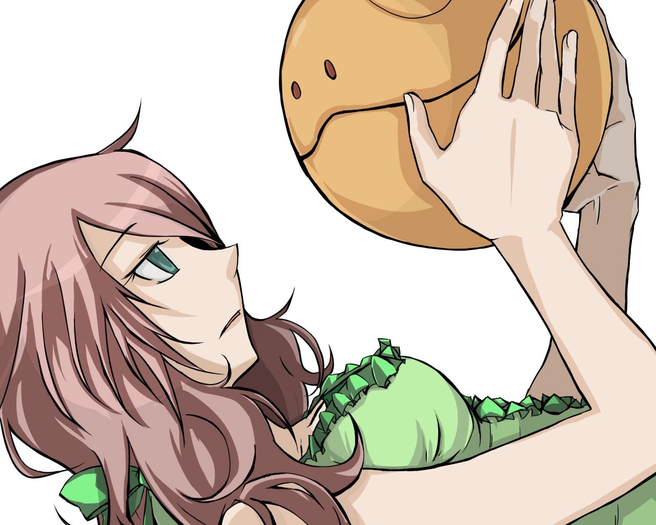 pii (kamosareta), feldt grace, haro, gundam, gundam 00, bad id, bad pixiv id, 00s, 1girl, aqua eyes, bare arms, bare shoulders, bow, breasts, center frills, cleavage, creature, dress, expressionless, female focus, frills, green bow, green dress, hair bow, hands up, holding, long hair, medium breasts, parted lips, pink hair, ponytail, red eyes, simple background, sleeveless, sleeveless dress, solo, upper body, white background