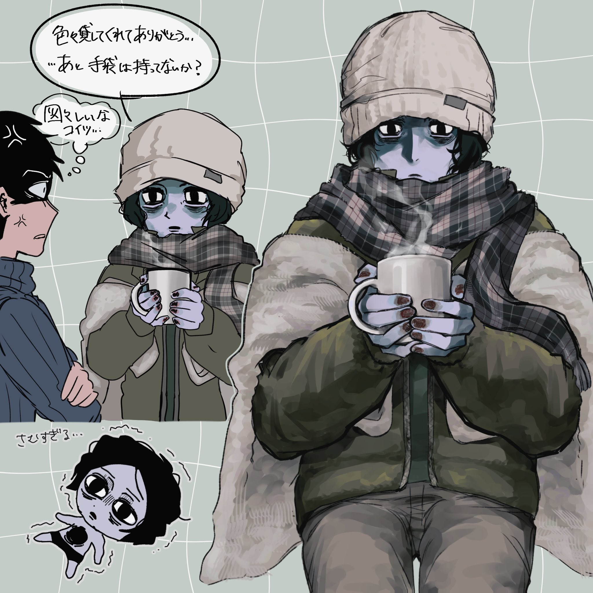 highres, 2boys, anger vein, black eyes, black hair, blue skin, checkered clothes, checkered scarf, chibi, coat, coat guy (no i'm not a human), colored skin, cowboy shot, cropped torso, cup, empty eyes, fur trim, green coat, green jacket, hat, holding, holding cup, injury, jacket, male focus, medium hair, multiple boys, necochan100, no i'm not a human, no nails, protagonist (no i'm not a human), scarf, short hair, speech bubble, steam, thought bubble, trembling, white hat