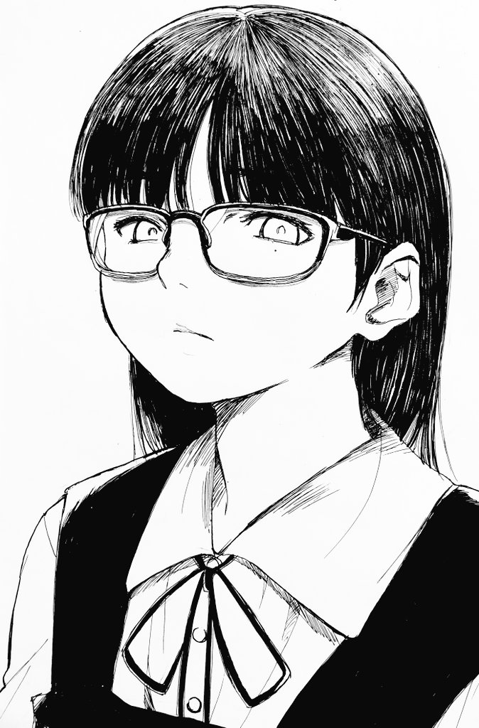 misaki toji, original, tagme, 1girl, blunt bangs, glasses, lineart, long hair, looking at viewer, monochrome, neck ribbon, ribbon, school uniform, shirt, sketch, white background