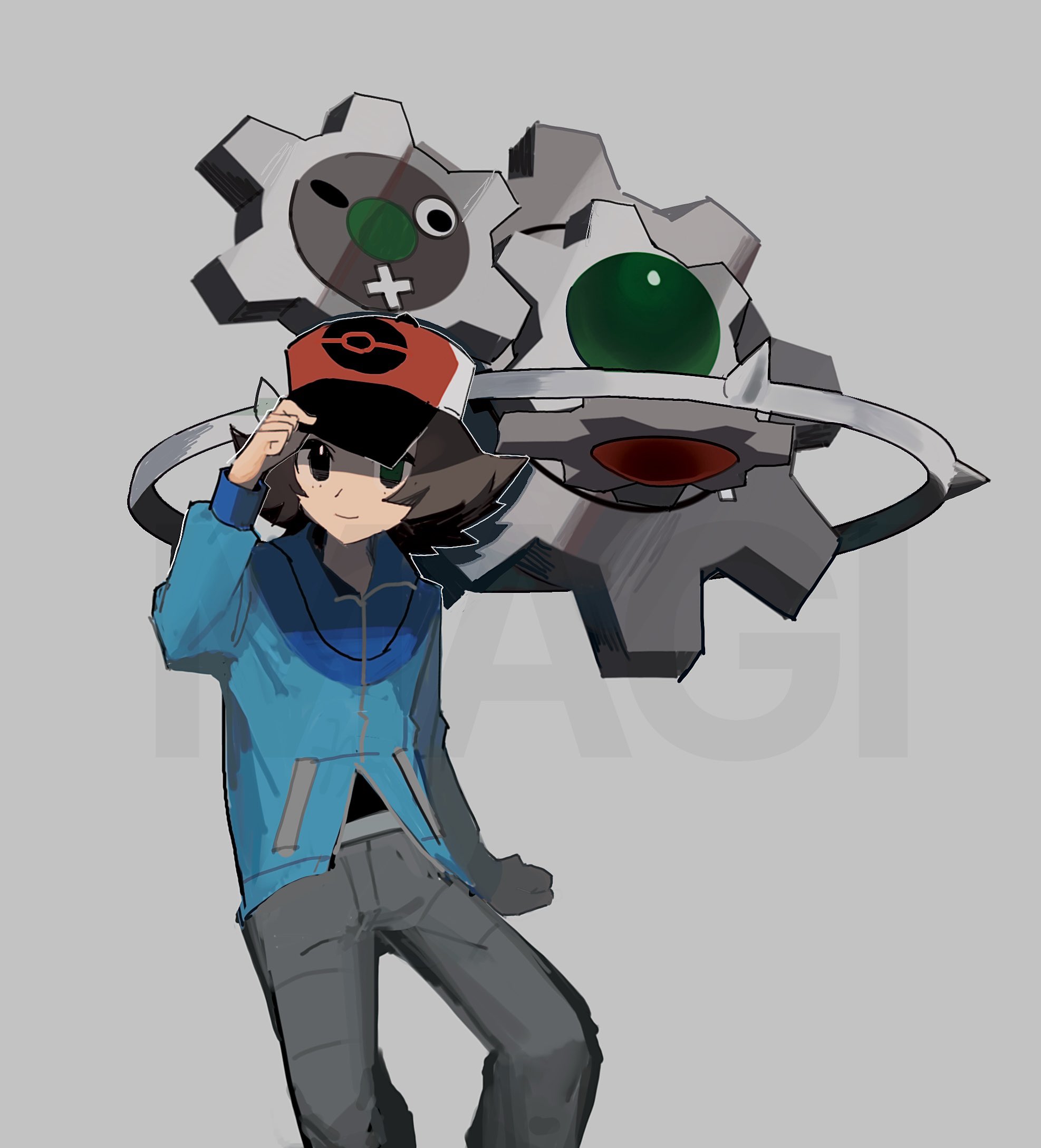 950magi618, hilbert (pokemon), klinklang, nintendo, pokemon, pokemon bw, highres, 1boy, baseball cap, blue jacket, brown eyes, brown hair, gears, gen 5 pokemon, grey background, grey pants, hat, jacket, male focus, pants, poke ball print, pokemon (creature), short hair, simple background, sitting, upper body