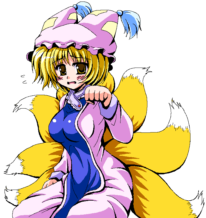 nagana sayui, yakumo ran, touhou, 1girl, blonde hair, blush, breasts, cleavage, d:, dress, female focus, fox tail, hat, hip focus, impossible clothes, impossible dress, looking at viewer, multiple tails, oekaki, open mouth, paw pose, seiza, simple background, sitting, solo, tabard, tail, white background, white dress, yellow eyes