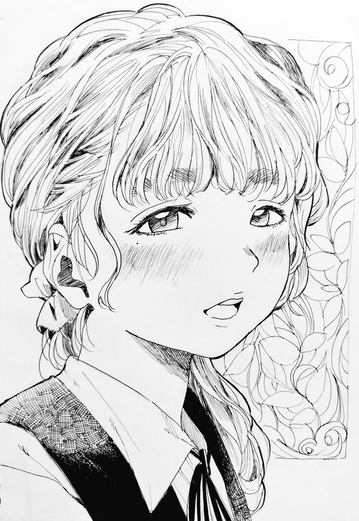 misaki toji, original, tagme, 1girl, blonde hair, blush, collar, floral background, lineart, monochrome, open mouth, ponytail, thick eyebrows, wavy hair, white background
