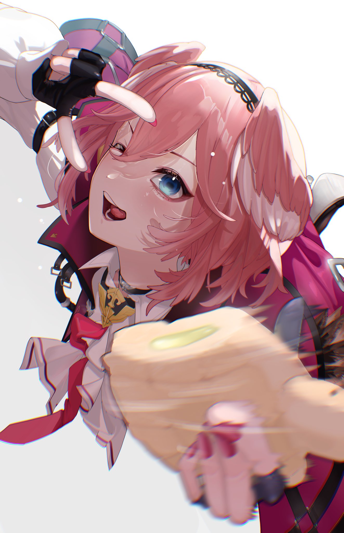 takane lui, takane lui (1st costume), hololive, commentary request, highres, 1girl, black gloves, black hairband, blue eyes, coat, double-parted bangs, edge ill, fingerless gloves, fingernails, food, gloves, hair between eyes, hairband, hand up, head wings, holding, holding food, long sleeves, looking at viewer, motion blur, nail polish, one eye closed, open mouth, pink hair, red coat, red nails, shirt, short hair, simple background, smile, solo, tongue, upper body, v, virtual youtuber, white background, white shirt, wings
