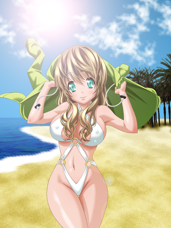 nagi yuuji, original, bad id, bad pixiv id, 1girl, aqua eyes, beach, breasts, brown hair, covered erect nipples, day, female focus, large breasts, long hair, solo, swimsuit