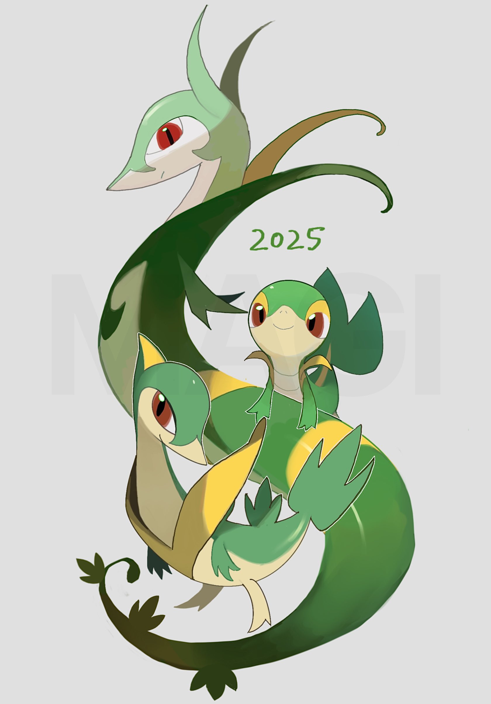 950magi618, serperior, servine, snivy, nintendo, pokemon, absurdres, highres, 2025, animal focus, evolutionary line, full body, gen 5 pokemon, looking at viewer, no humans, pokemon (creature), pokemon focus, red eyes, simple background, smile, snake, standing, white background