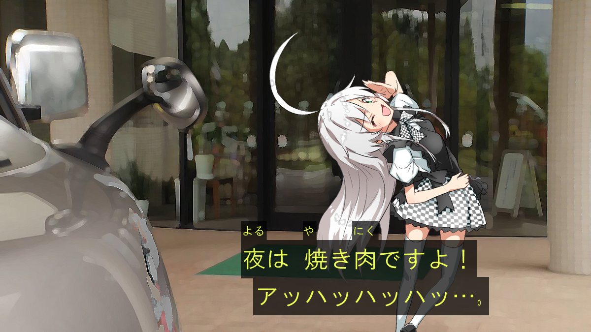 yuto (dialique), nyarlathotep (nyaruko-san), haiyore! nyaruko-san, kamen rider, kamen rider build (series), commentary request, translation request, 1girl, ;d, ahoge, apron, back bow, black apron, black bow, blush, bow, bowtie, checkered bow, checkered bowtie, checkered clothes, checkered skirt, foot out of frame, frilled apron, frilled skirt, frills, from behind, green eyes, grey hair, hand up, huge ahoge, leaning back, long hair, looking at viewer, looking back, miniskirt, one eye closed, open mouth, outdoors, parody, photo background, puffy short sleeves, puffy sleeves, ribbon, shirt, short sleeves, skirt, smile, solo, thighhighs, very long hair, white ribbon, white shirt, zettai ryouiki