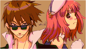 tsuyuka (sunny spot), croix raoul, prier, la pucelle, nippon ichi, lowres, 1boy, 1girl, blush, brown eyes, brown hair, gloves, pink eyes, pink hair, sunglasses