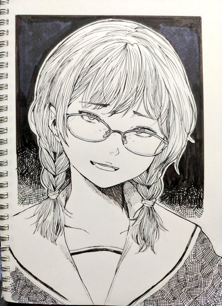 misaki toji, original, tagme, 1girl, black background, braid, fang, lineart, looking at viewer, monochrome, open mouth, sailor collar, school uniform, sketch, twin braids, white background