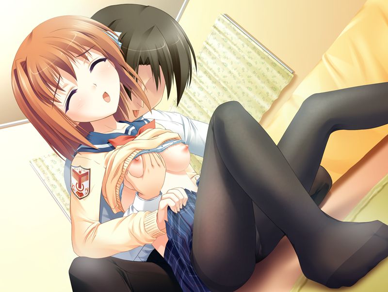 minazuki haruka, kakizaki mashiro, mashiro botan, plaid, jpeg artifacts, source request, 1boy, 1girl, bed, black hair, bow, breasts, brown hair, cleavage, closed eyes, clothes lift, clothes pull, curtains, feet, floor, nipples, panties, panties under pantyhose, pantyhose, school uniform, shirt lift, shirt pull, short hair, sideboob, sitting, skirt, small breasts, tongue, underwear, window