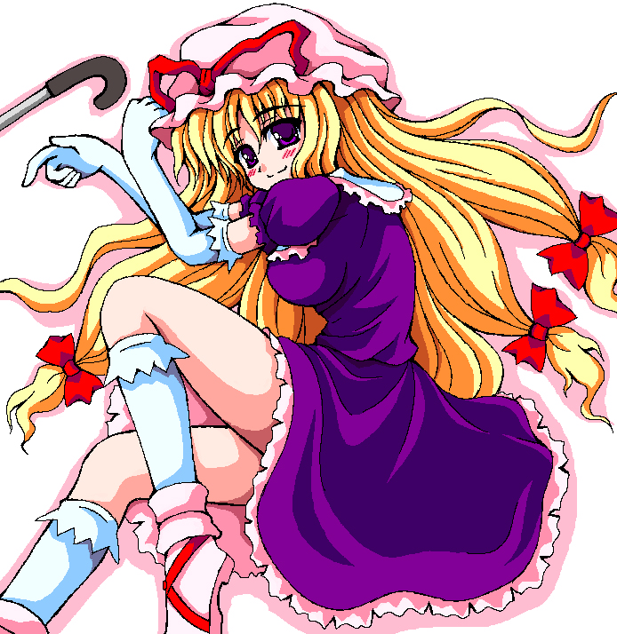 nagana sayui, yakumo yukari, touhou, 1girl, blonde hair, breasts, elbow gloves, female focus, gloves, hat, oekaki, purple eyes, simple background, skirt, smile, solo, white background
