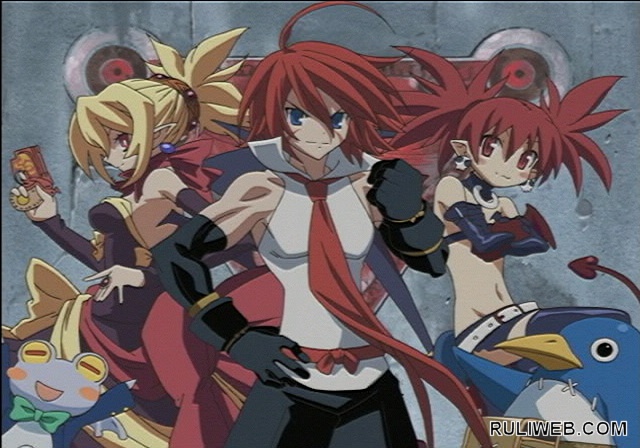 adell (disgaea), etna (disgaea), prinny, rozalin, tink, tink (disgaea), disgaea, makai senki disgaea 2, nippon ichi, blonde hair, bow, dress, earrings, gloves, gun, jewelry, necktie, pointy ears, red eyes, skull, tail, weapon, wings