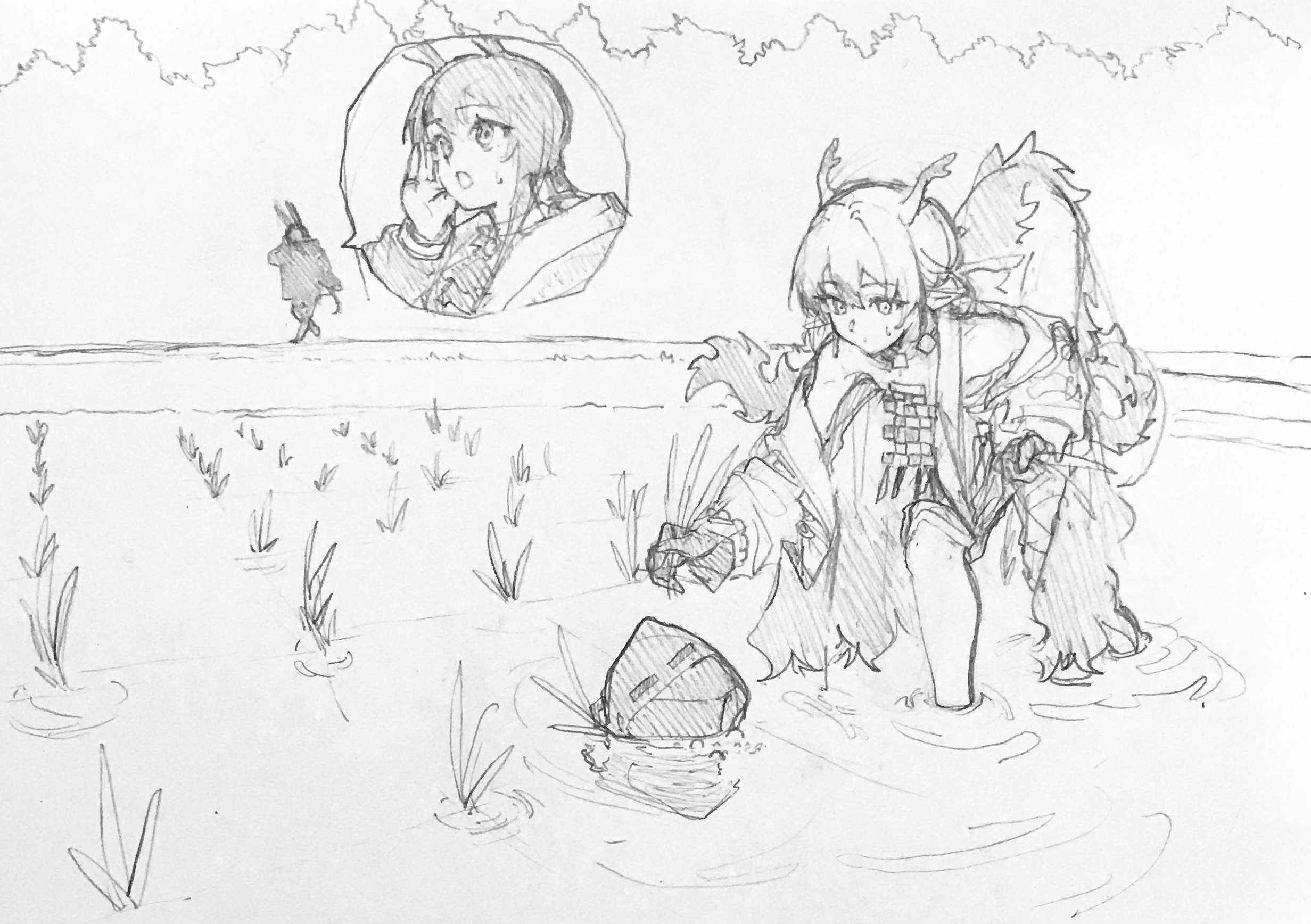 senpuki, amiya (arknights), doctor (arknights), shu (arknights), arknights, commentary request, graphite (medium), highres, traditional media, 1other, 2girls, air bubble, bent over, bubble, day, dragon girl, dragon tail, eastern dragon horns, farming, gloves, greyscale, hair over shoulder, hiding, holding, holding plant, hood, hood up, long hair, looking at another, low ponytail, mask, monochrome, multiple girls, outdoors, partially submerged, plant, ponytail, rabbit girl, rice (plant), rice paddy, rice planting, ripples, searching, shorts, shouting with hands, small sweatdrop, spoken character, tail, wading, water