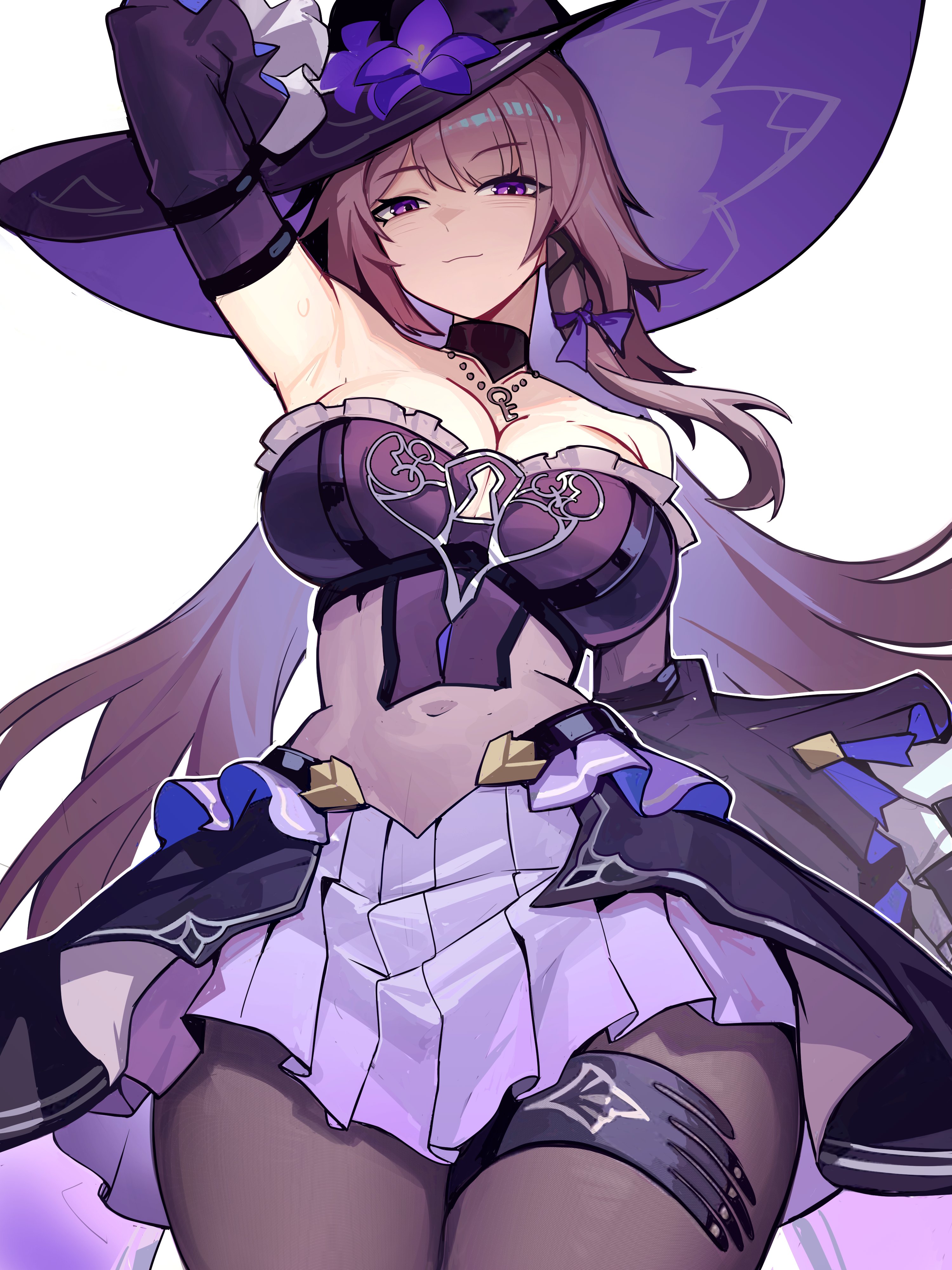 distr, herta (honkai: star rail), the herta (honkai: star rail), honkai: star rail, honkai (series), absurdres, highres, 1girl, alternate breast size (larger), armpits, bare shoulders, black hat, black pantyhose, breasts, brown hair, cleavage, cowboy shot, hat, large breasts, miniskirt, pantyhose, pleated skirt, purple eyes, purple skirt, simple background, skirt, solo, white background, witch hat